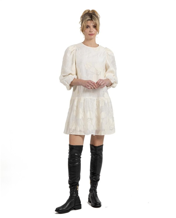Cuplé VESTIDO MINI MANGAS VOLUMEN JACQUARD BEIG