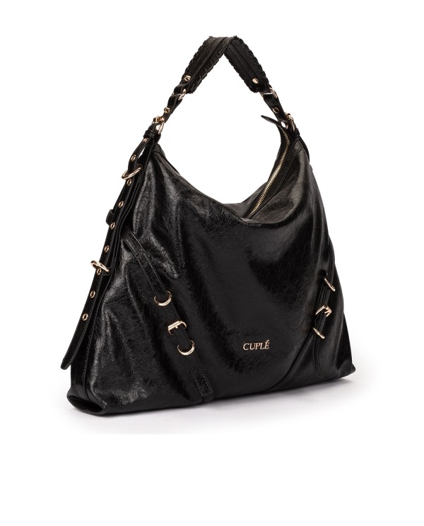Cuplé MAXI SHOPPER DE TECNOPIEL NEGRO CON DETALLES DORADOS