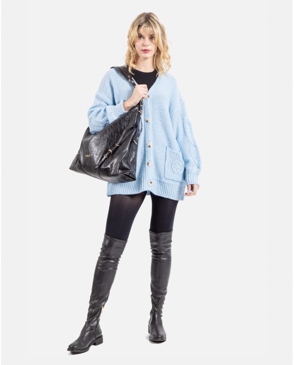 Cuplé MAXI SHOPPER DE TECNOPIEL NEGRO CON DETALLES DORADOS