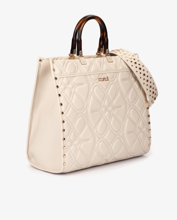 Cuplé MAXI SHOPPER GRABADO LOGOS DE TECNOPIEL BEIGE CON ASAS EFECTO CAREY