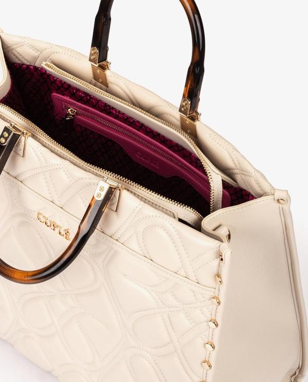 Cuplé MAXI SHOPPER GRABADO LOGOS DE TECNOPIEL BEIGE CON ASAS EFECTO CAREY