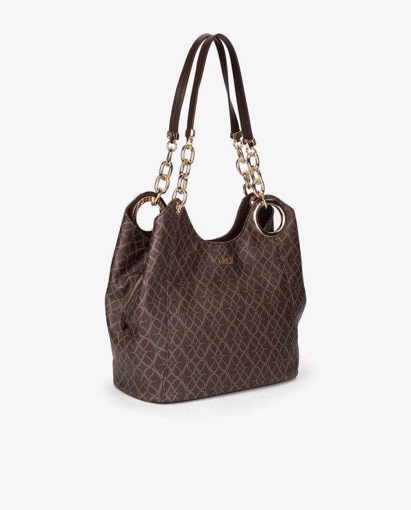 Cuplé MAXI SHOPPER MONOGRAM DE TECNOPIEL MARRÓN CON CADENA DORADA