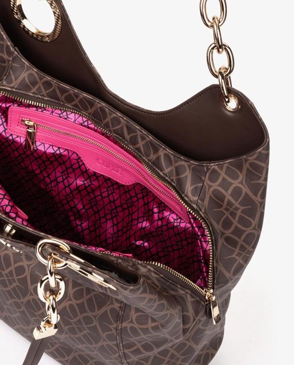 Cuplé MAXI SHOPPER MONOGRAM DE TECNOPIEL MARRÓN CON CADENA DORADA
