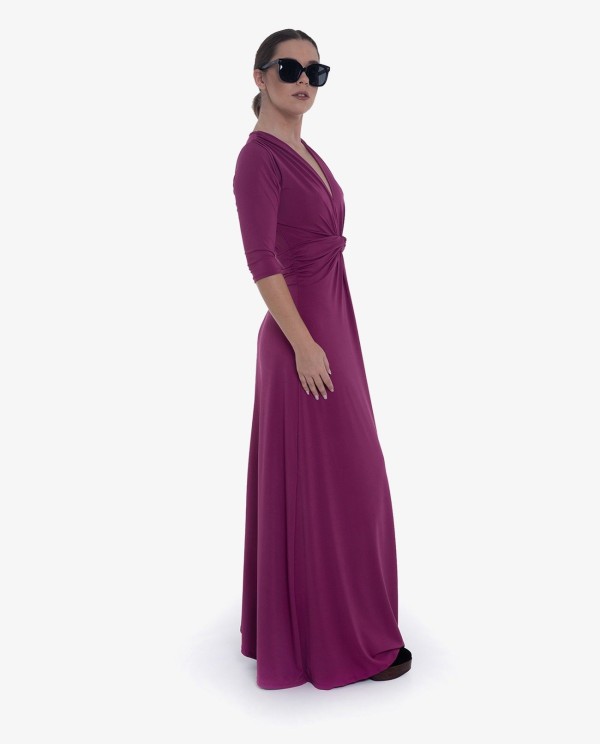 Cuplé MAXI VESTIDO MAGENTA DE PUNTO CON NUDO FRONTAL Y MANGAS TRES CUARTOS