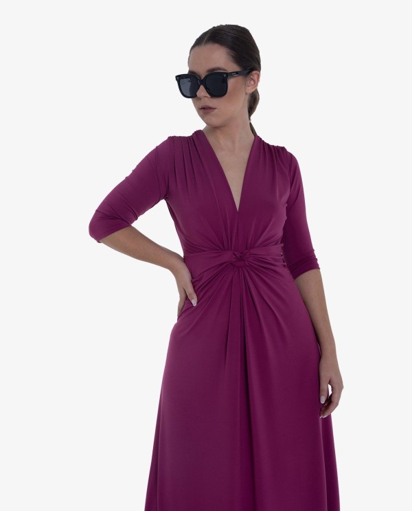 Cuplé MAXI VESTIDO MAGENTA DE PUNTO CON NUDO FRONTAL Y MANGAS TRES CUARTOS