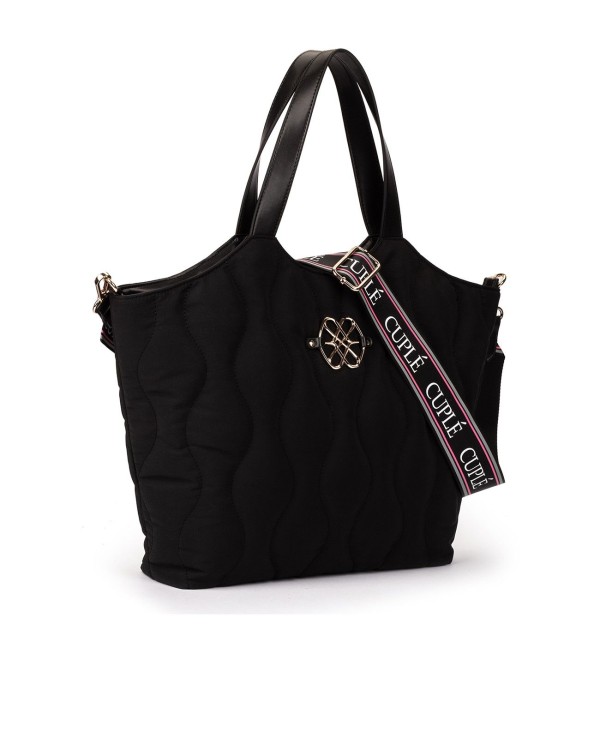 Cuplé SHOPPER ACOLCHADO DE NYLON NEGRO CON LOGO DORADO Y CORREA AJUSTABLE