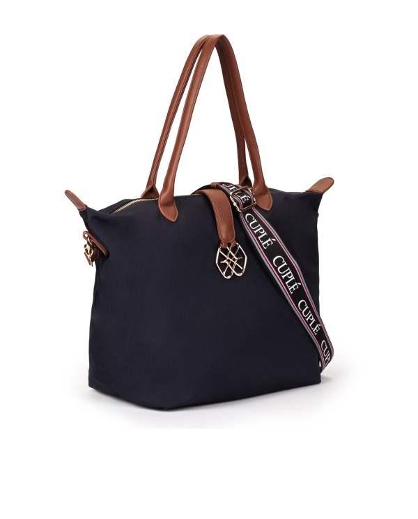 Cuplé SHOPPER DE NYLON AZUL MARINO CON ASAS CONTRASTANTES Y LOGO DORADO