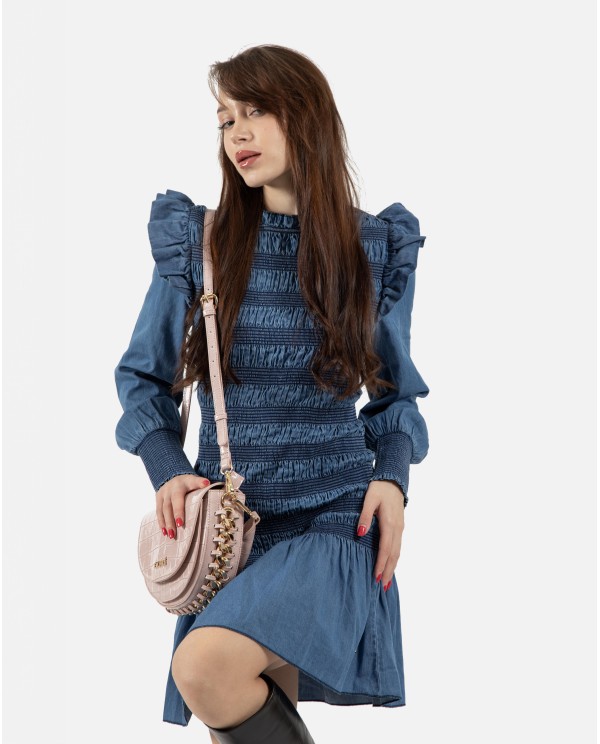 Cuplé VESTIDO CORTO ELÁSTICO DE DENIM AZUL CON VOLANTES