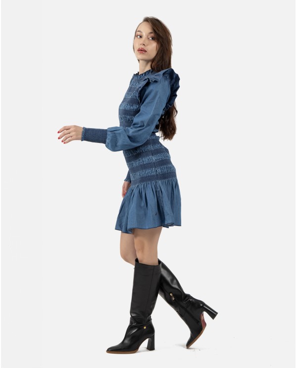 Cuplé VESTIDO CORTO ELÁSTICO DE DENIM AZUL CON VOLANTES