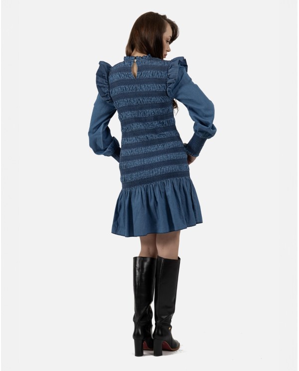 Cuplé VESTIDO CORTO ELÁSTICO DE DENIM AZUL CON VOLANTES