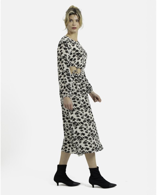 Cuplé VESTIDO CUT OUT CREP ESTAMPADO FLORES BLANCO NEGRO