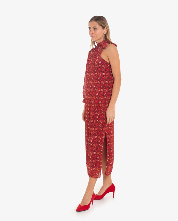 Cuplé VESTIDO MIDI ASIMÉTRICO DE GASA CON ESTAMPADO FLORAL Y UNA MANGA