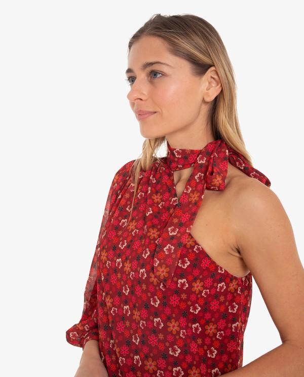 Cuplé VESTIDO MIDI ASIMÉTRICO DE GASA CON ESTAMPADO FLORAL Y UNA MANGA