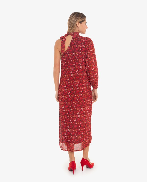 Cuplé VESTIDO MIDI ASIMÉTRICO DE GASA CON ESTAMPADO FLORAL Y UNA MANGA