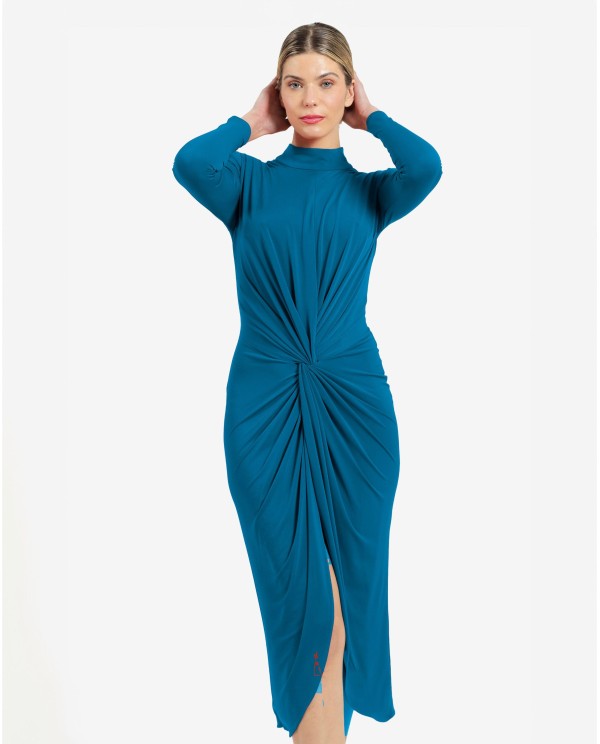 Cuplé VESTIDO MIDI AZUL DE PUNTO CON NUDO FRONTAL Y HOMBROS ESTRUCTURADOS