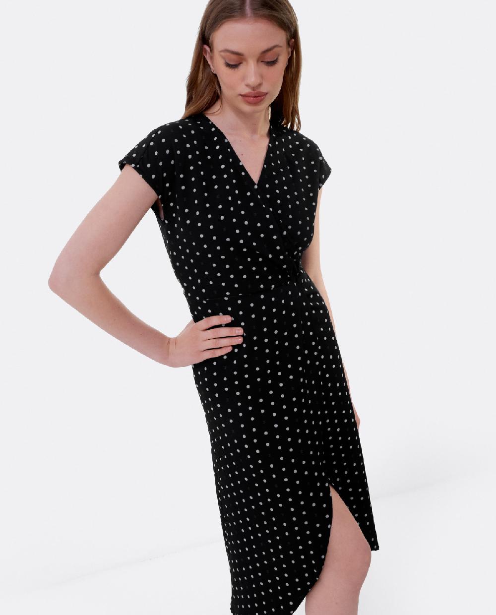 Cuplé VESTIDO MIDI CRUZADO CREP LUNARES BLANCO NEGRO