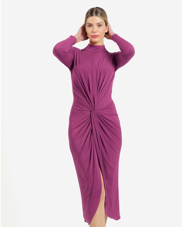 Cuplé VESTIDO MIDI FUCSIA DE PUNTO CON NUDO FRONTAL Y HOMBROS ESTRUCTURADOS