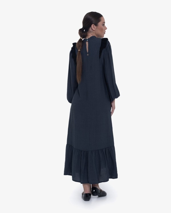 Cuplé VESTIDO MIDI GRIS CON VOLANTES Y MANGAS ABULLONADAS