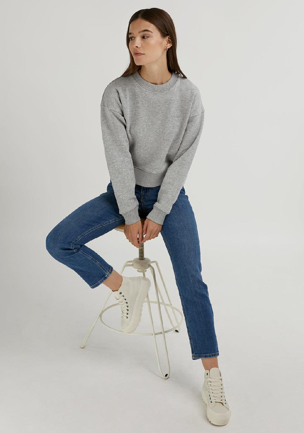 D.franklin Embroidery Logo Cropped Crew Neck Sweatshirt / Grey