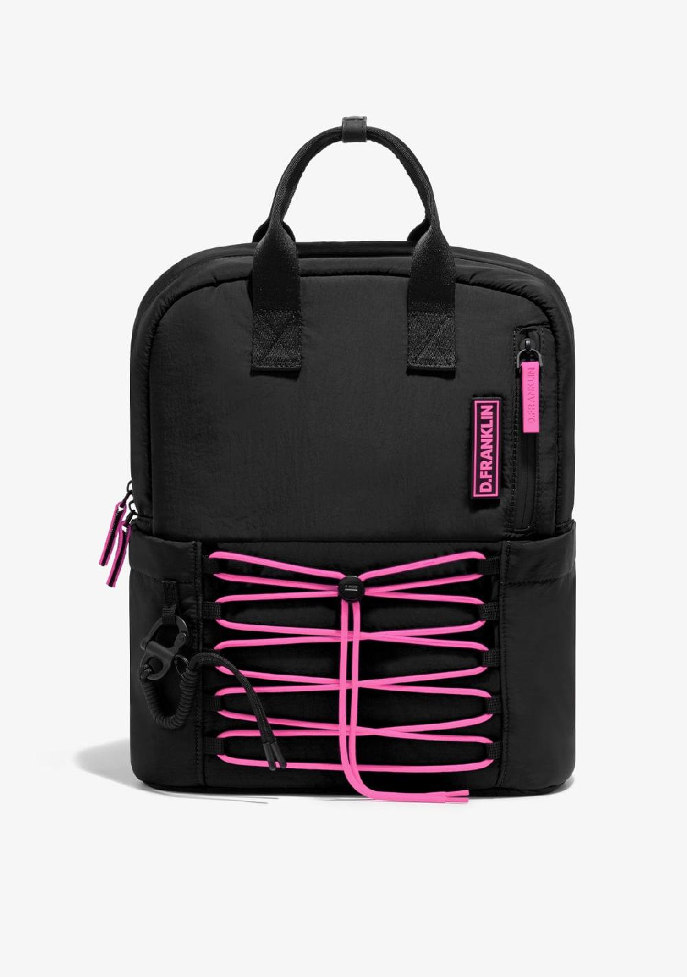 D.franklin Multi-Pocket Nylon Backpack Black + Custom Set Fuchsia
