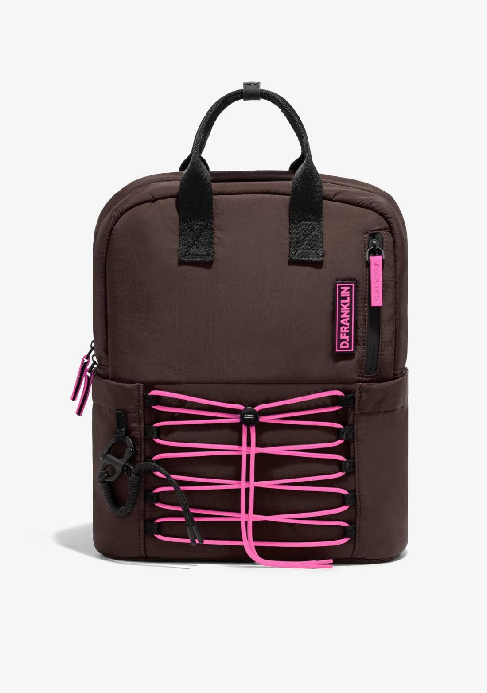 D.franklin Multi-Pocket Nylon Backpack Brown + Custom Set Fuchsia