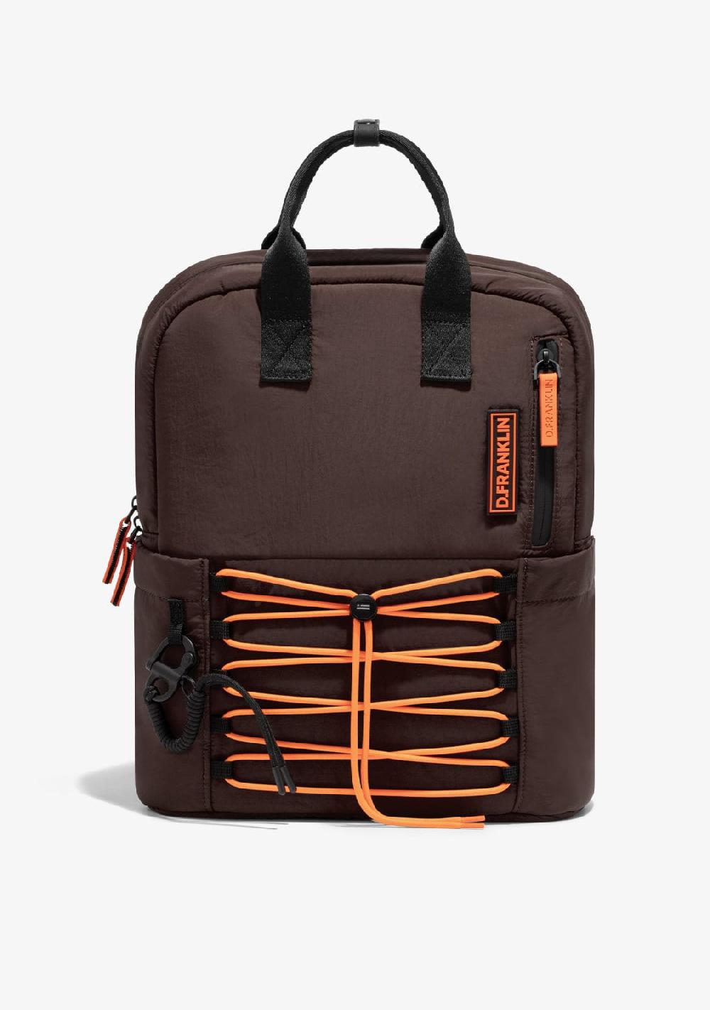 D.franklin Multi-Pocket Nylon Backpack Brown + Custom Set Orange