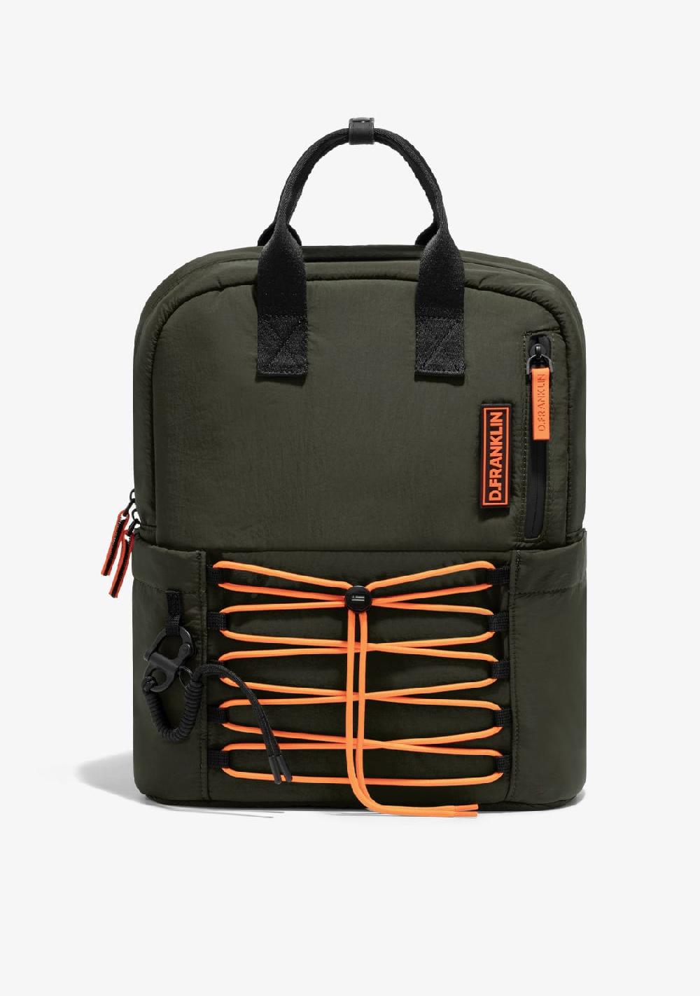 D.franklin Multi-Pocket Nylon Backpack Green + Custom Set Orange