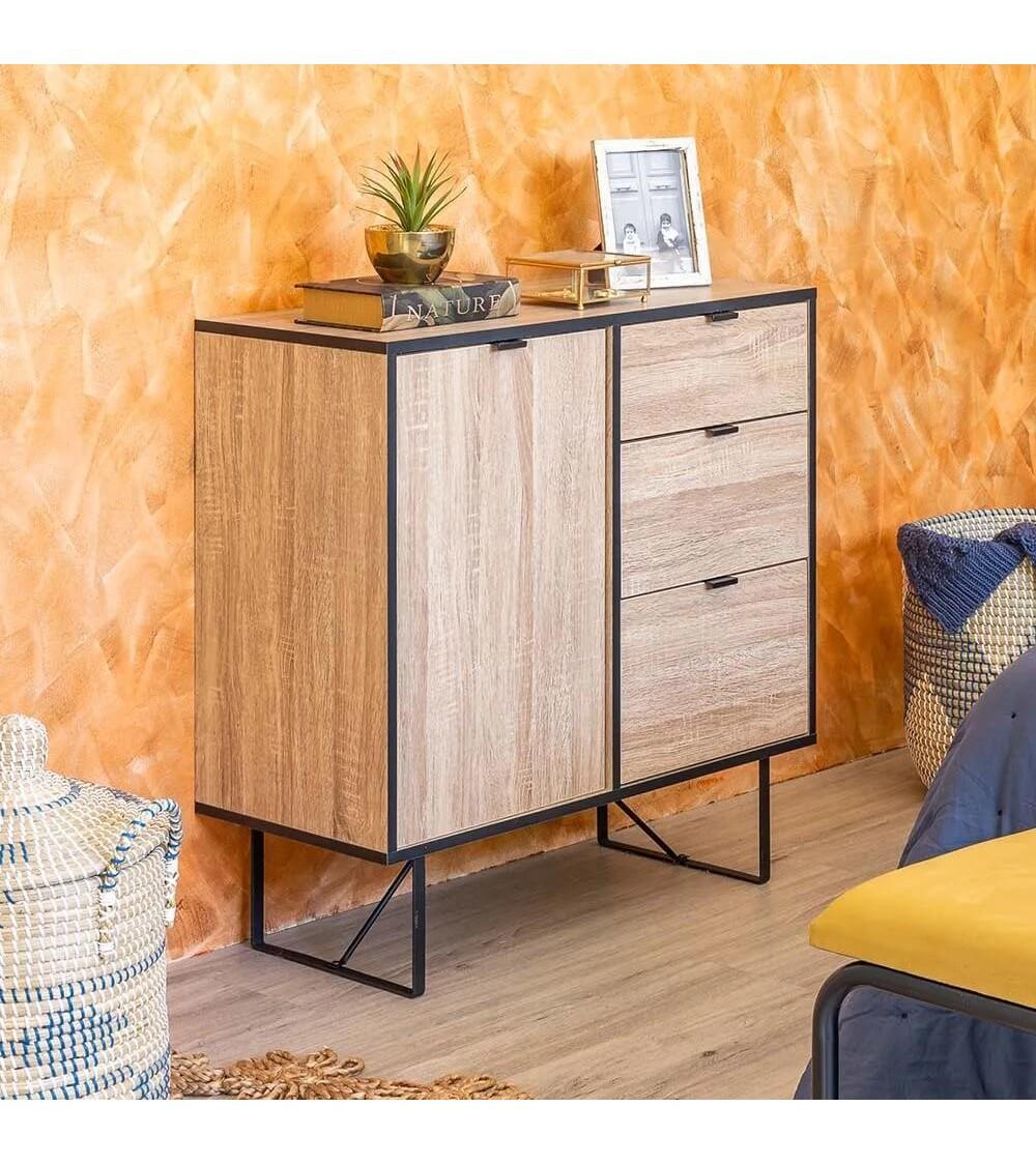 Dcasa Aparador Natural Con 3 Cajones Y 1 Puerta De Madera Y Metal De 80x35x80 Cm