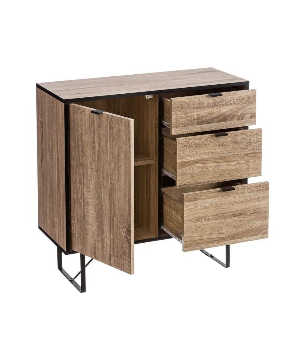 Dcasa Aparador Natural Con 3 Cajones Y 1 Puerta De Madera Y Metal De 80x35x80 Cm