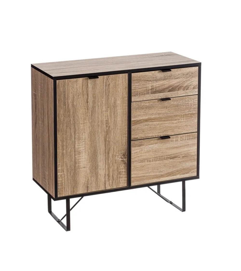 Dcasa Aparador natural con 3 cajones y 1 puerta de madera y metal de 80x35x80 cm