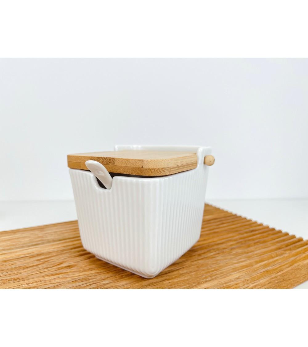 Dcasa Azucarero Con Cucharilla De Porcelana Blanco Con Tapa De Madera Estilo Nordico