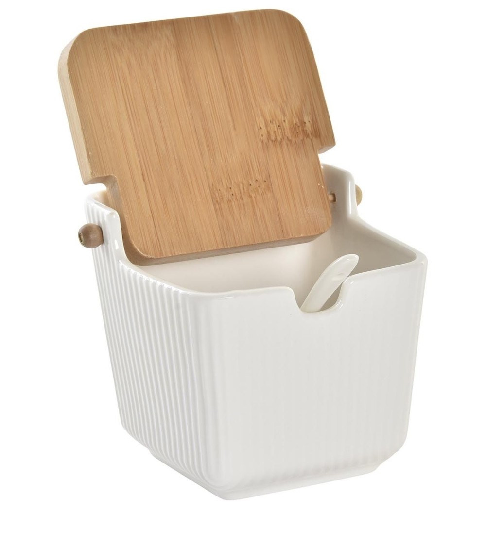 Dcasa Azucarero Con Cucharilla De Porcelana Blanco Con Tapa De Madera Estilo Nordico