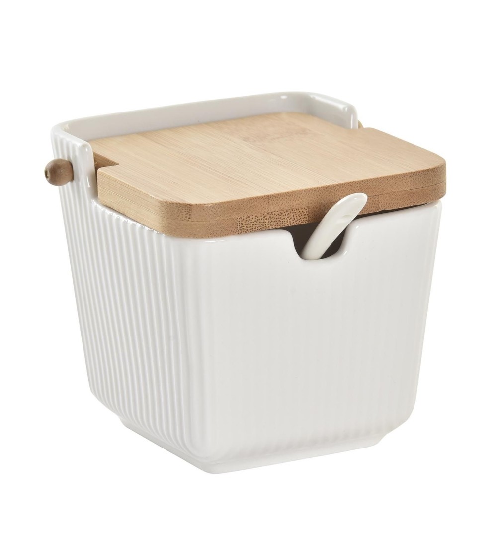 Dcasa Azucarero con Cucharilla de Porcelana Blanco con Tapa de Madera Estilo Nordico