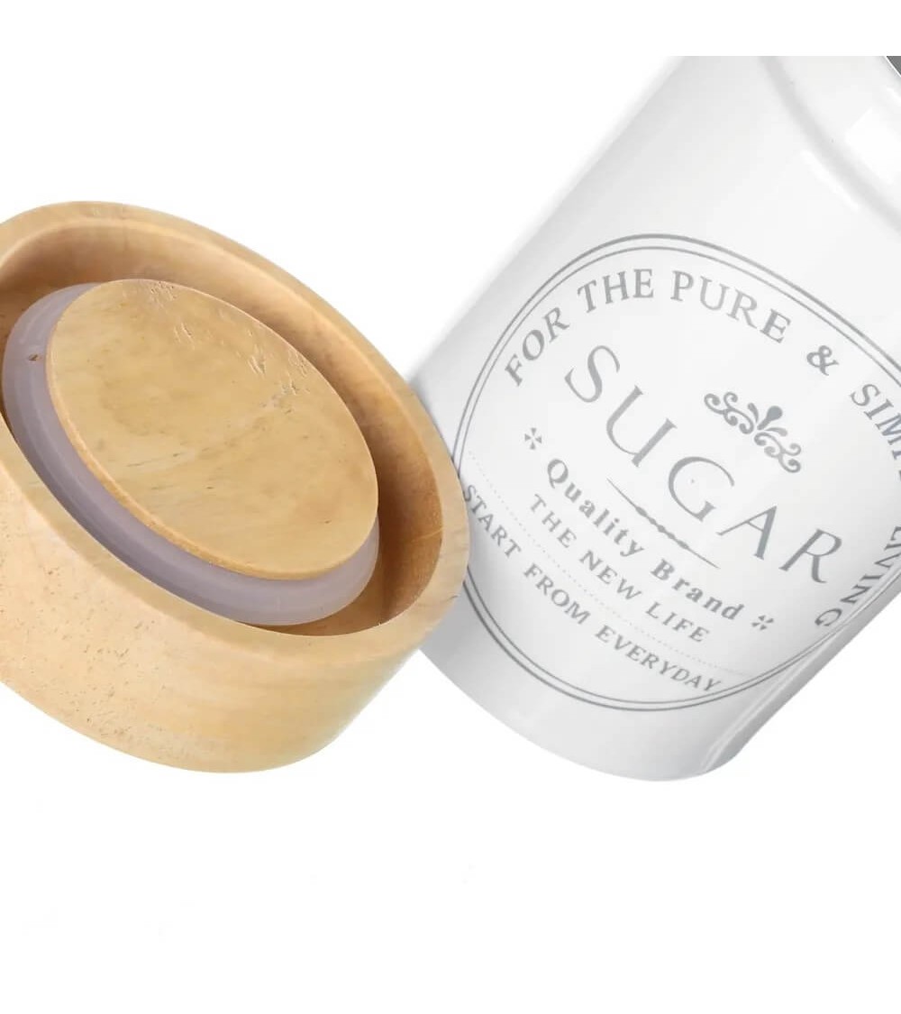 Dcasa Azucarero Con Tapa De Madera De Roble De Stoneware Blanco De 700 Ml