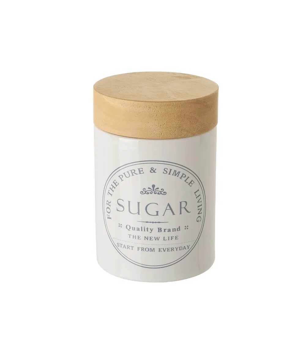 Dcasa Azucarero con tapa de madera de roble de stoneware blanco de 700 ml