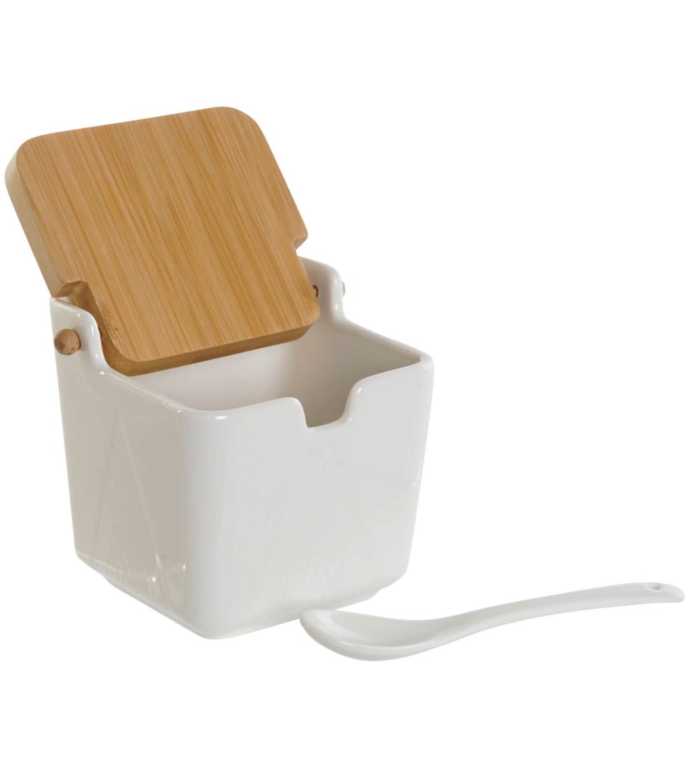 Dcasa Azucarero De Porcelana Blanco Con Tapa De Bambu Estilo Nordico