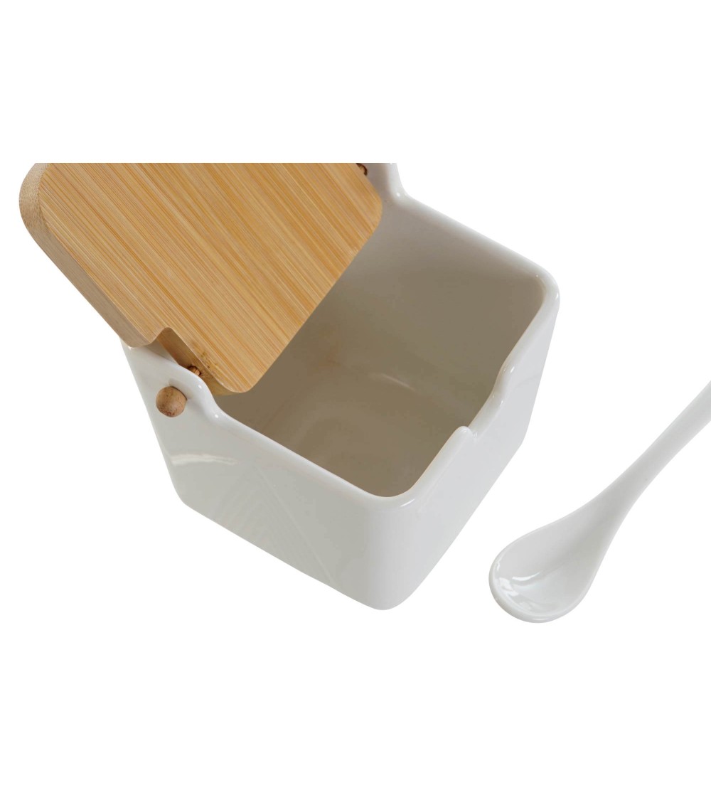Dcasa Azucarero De Porcelana Blanco Con Tapa De Bambu Estilo Nordico