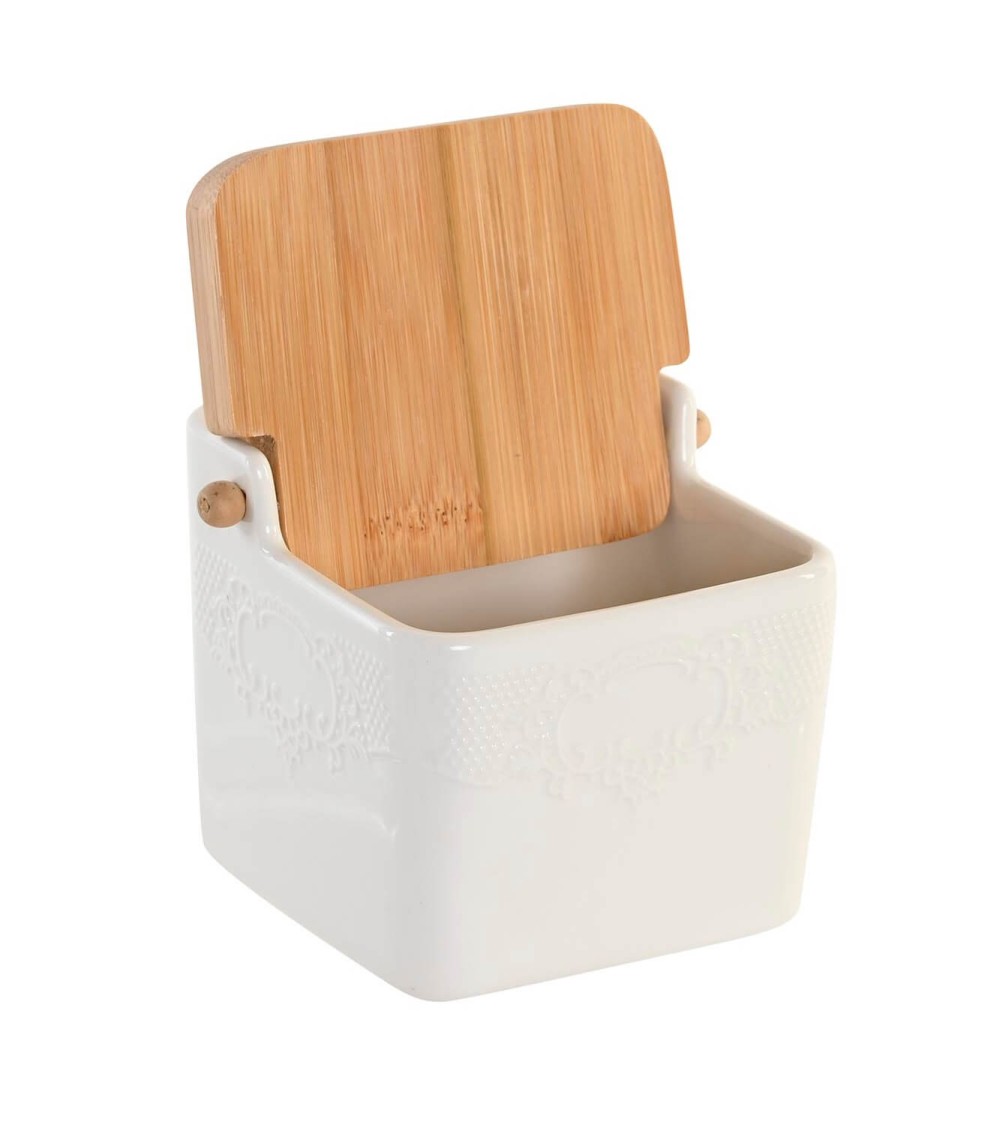 Dcasa Azucarero De Porcelana Blanco Con Tapa De Madera Estilo Nordico