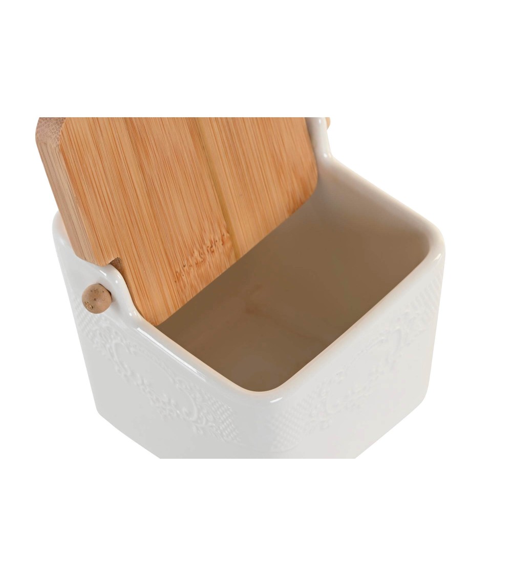 Dcasa Azucarero De Porcelana Blanco Con Tapa De Madera Estilo Nordico