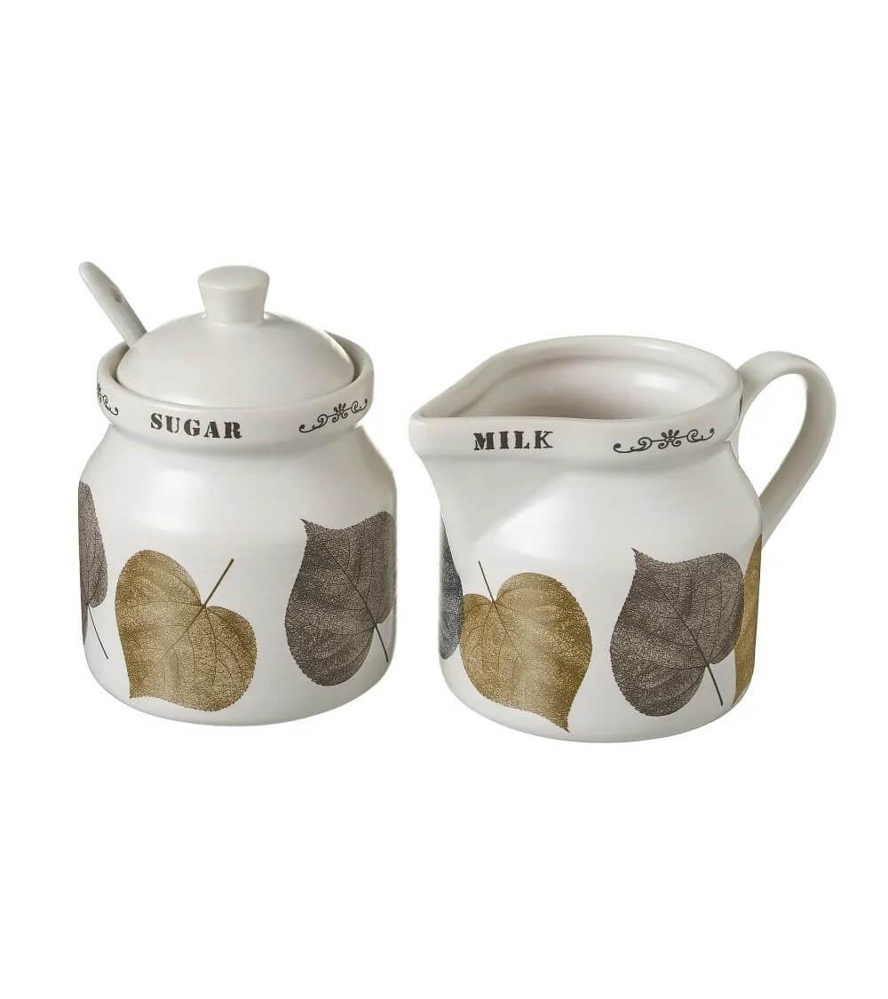 Dcasa Azucarero y lechera de hojas de stoneware blanco de 250 ml