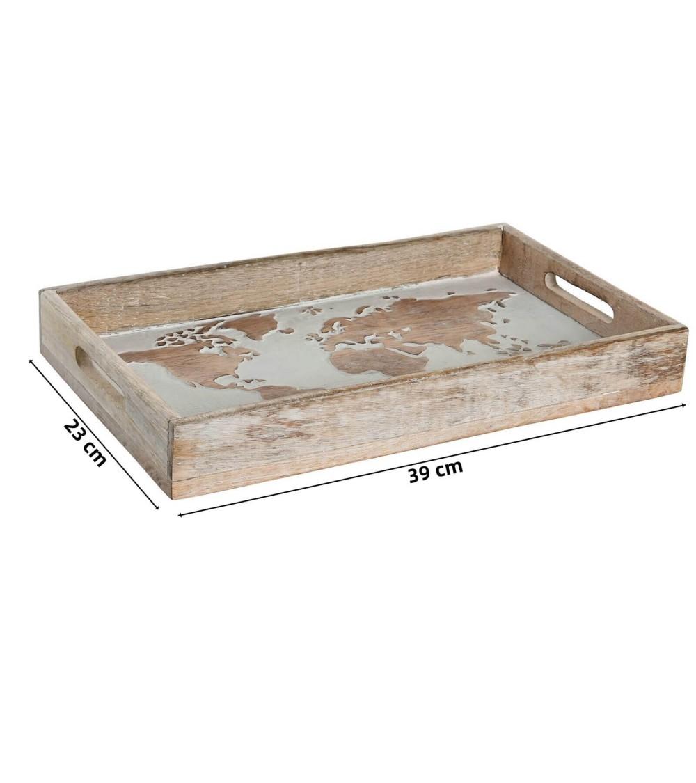Dcasa Bandeja Decorativa Mapamundo De Madera Mango Tallado Natural De 39x23x6 Cm