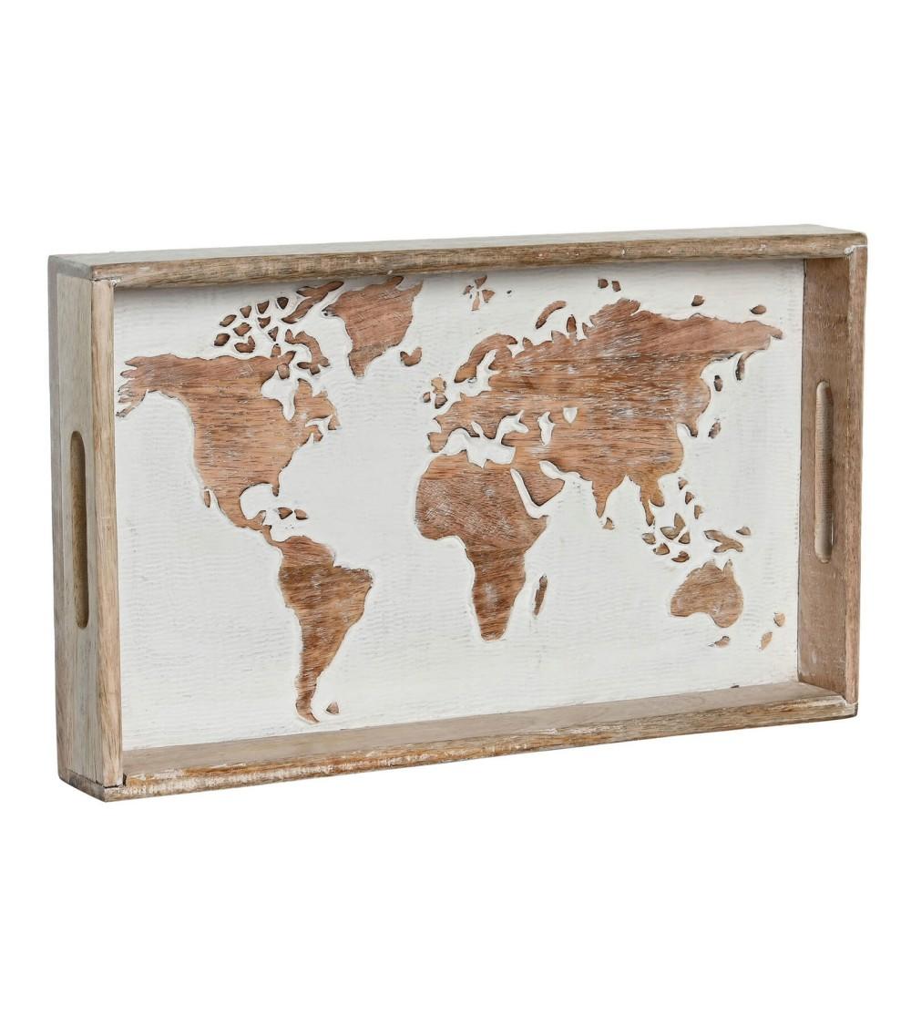 Dcasa Bandeja decorativa mapamundo de madera mango tallado natural de 39x23x6 cm