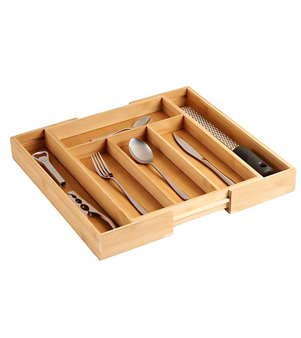 Dcasa Bandeja Organizador De Cubiertos Extensible Para Cajones Cocina 100% Bambú Natural Con 4 A 6 Compartimentos