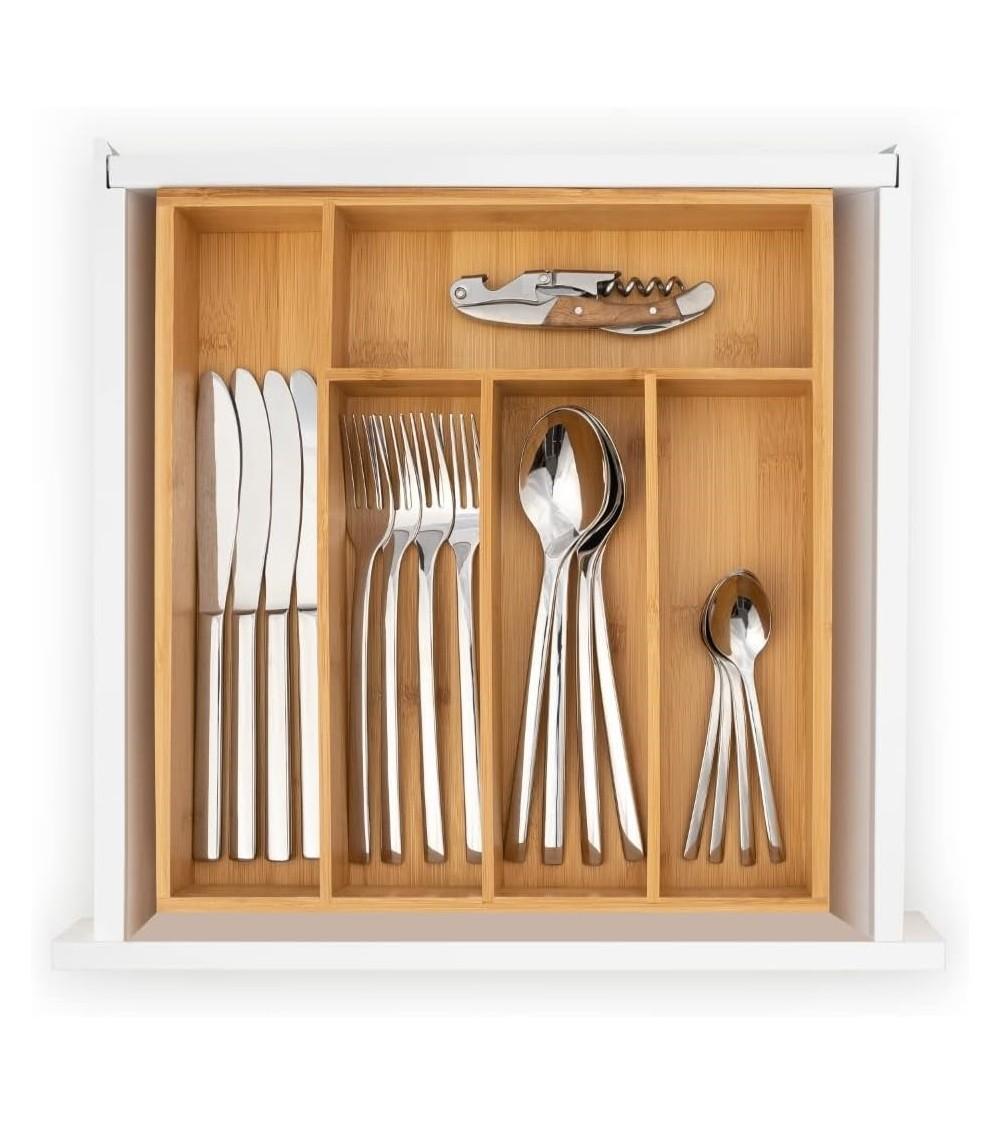 Dcasa Bandeja Organizador De Cubiertos Para Cajones Cocina 100% Bambú Natural Con 5 Compartimentos