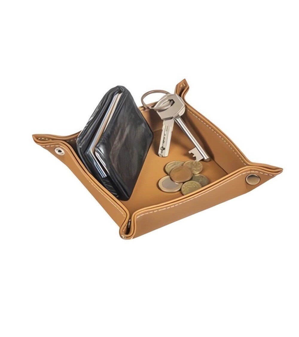 Dcasa Bandeja Vaciabolsillos De Piel Color Camel Para Entra De Casa 14x14 Cm