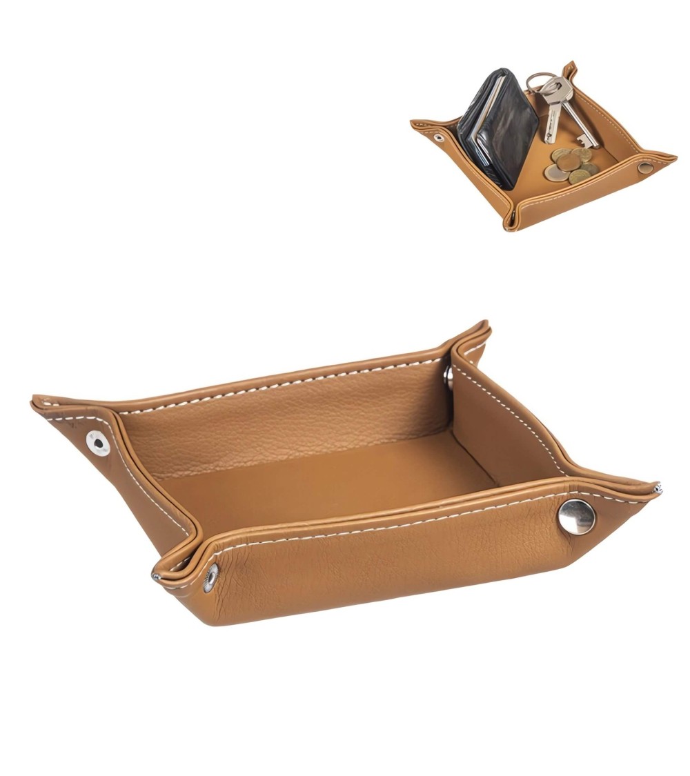 Dcasa Bandeja vaciabolsillos de piel color camel para entra de casa 14x14 cm