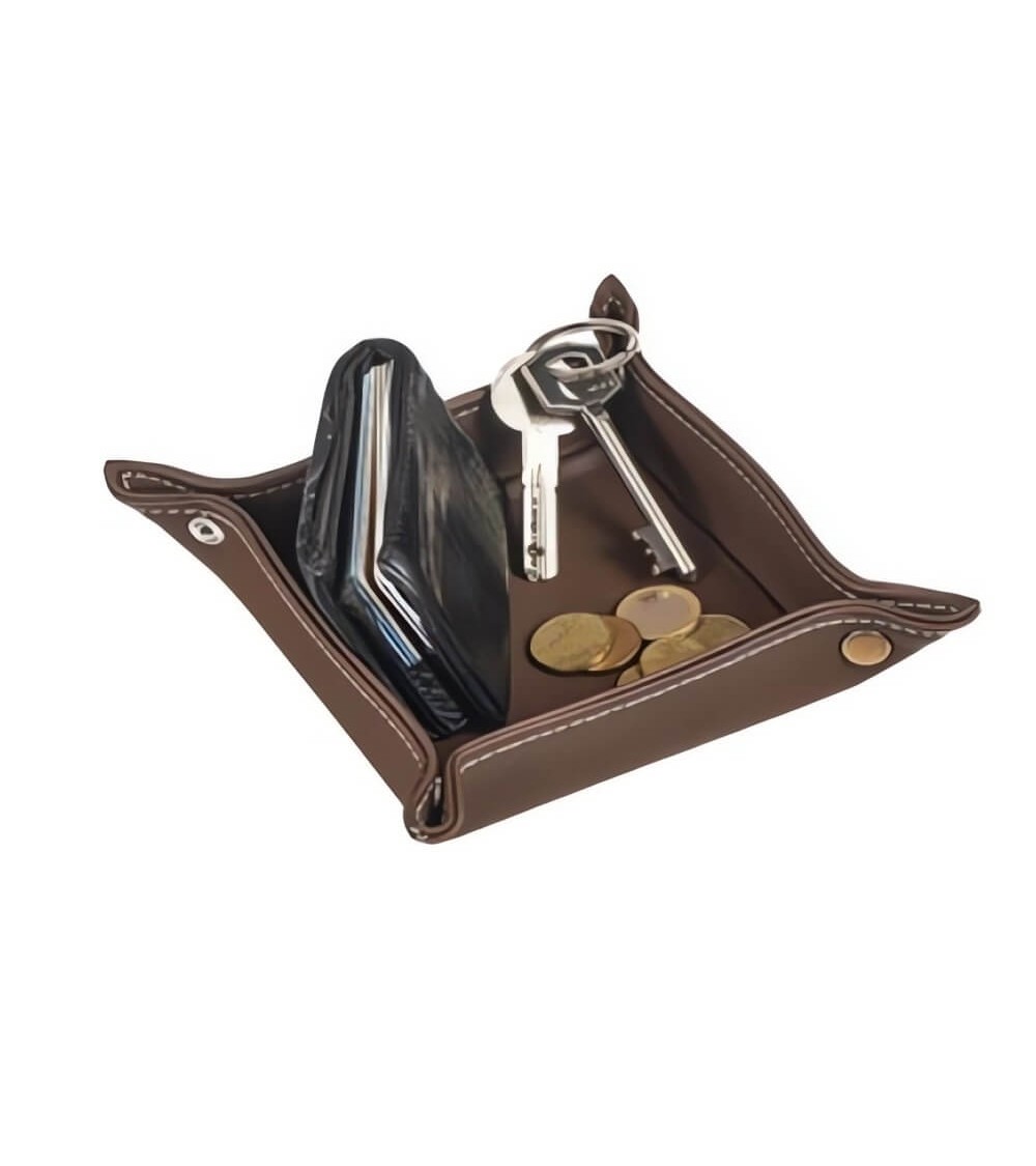 Dcasa Bandeja Vaciabolsillos De Piel Color Marrón Para Entra De Casa 14x14 Cm