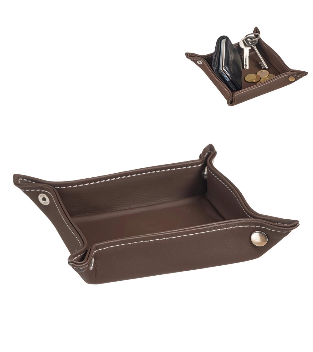 Dcasa Bandeja vaciabolsillos de piel color marrón para entra de casa 14x14 cm