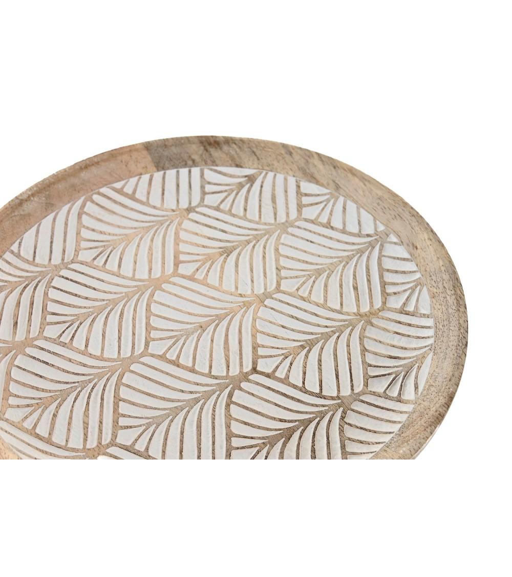 Dcasa Bandeja Vaciabolsillos Redonda De Madera Mango Tallado Hojas Natural