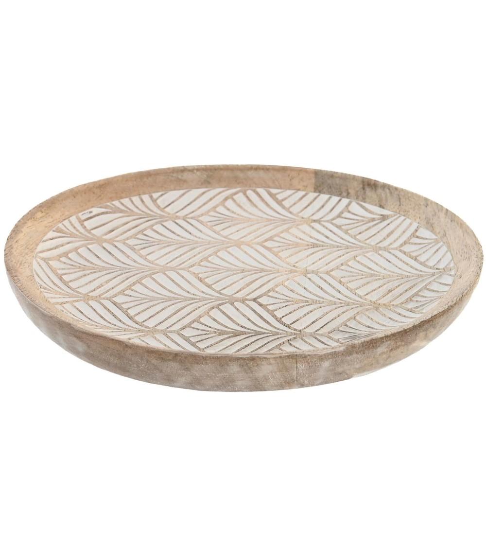 Dcasa Bandeja vaciabolsillos redonda de madera mango tallado Hojas natural